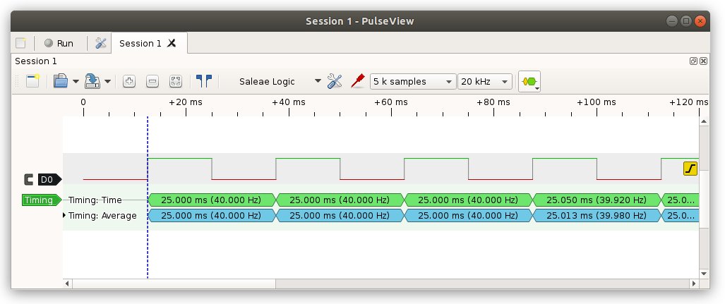 Obijuan_cube's tweet image. Con el #Pulseview (de @sigrokproject ) vemos que efectivamente al LED se le envía una seña cuadrada, de 40Hz (25ms de periodo). Pero nuestro ojo no lo aprecia #FPGAwars