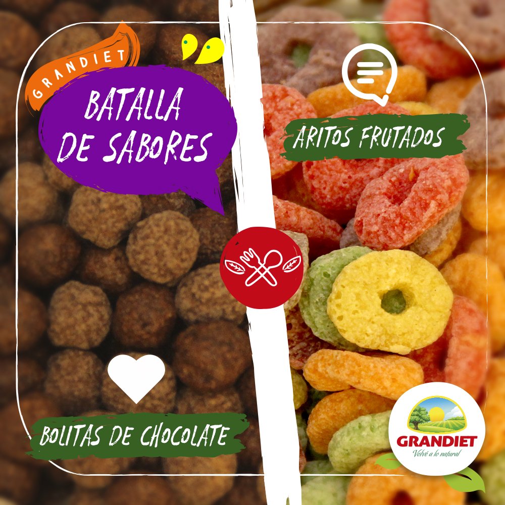 GRANDIET's tweet photo. Momento de #BatallaDeSabores! 💥
¿Cuál es tu cereal favorito para la merienda?
"Me gusta" para las bolitas / Comentario para los aritos 💪
#AritosFrutados #BolitasDeChocolate #Grandiet #VidaSana #VolvealoNatural https://t.co/XOK1nTggbF