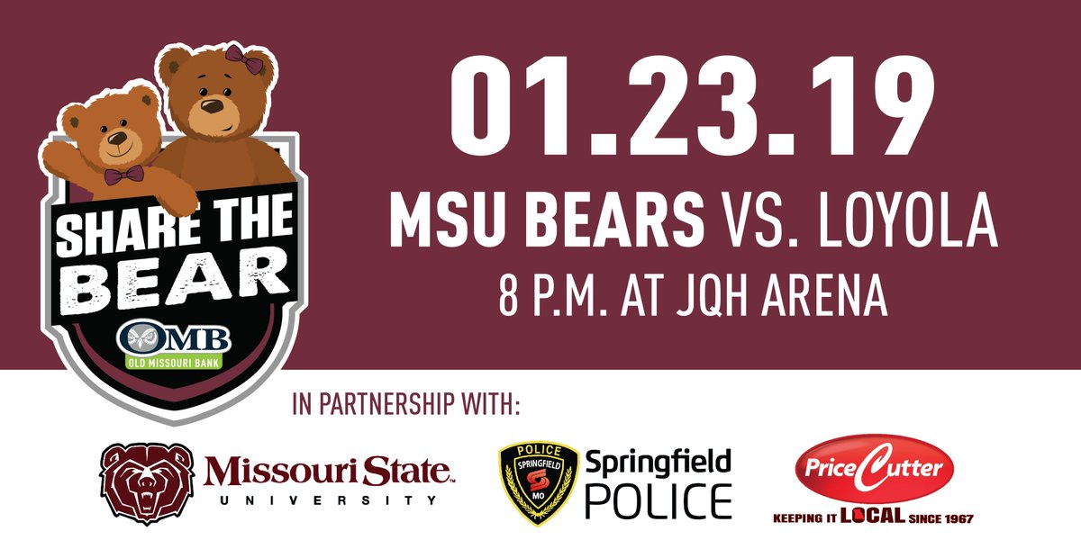 OMBbank's tweet image. 🗣️Calling all @MissouriStBears fans - come #SharetheBear with us! 

1⃣ Bring a new #Bear to the 1/23 Loyola game
2⃣ Toss it on the court a halftime
3⃣ All #Bears will go to @SGFPolice to give to our local kids

🐻⤴️🏀 @MSUBearsHoops @MissouriState @JQHArena @PriceCutterMO