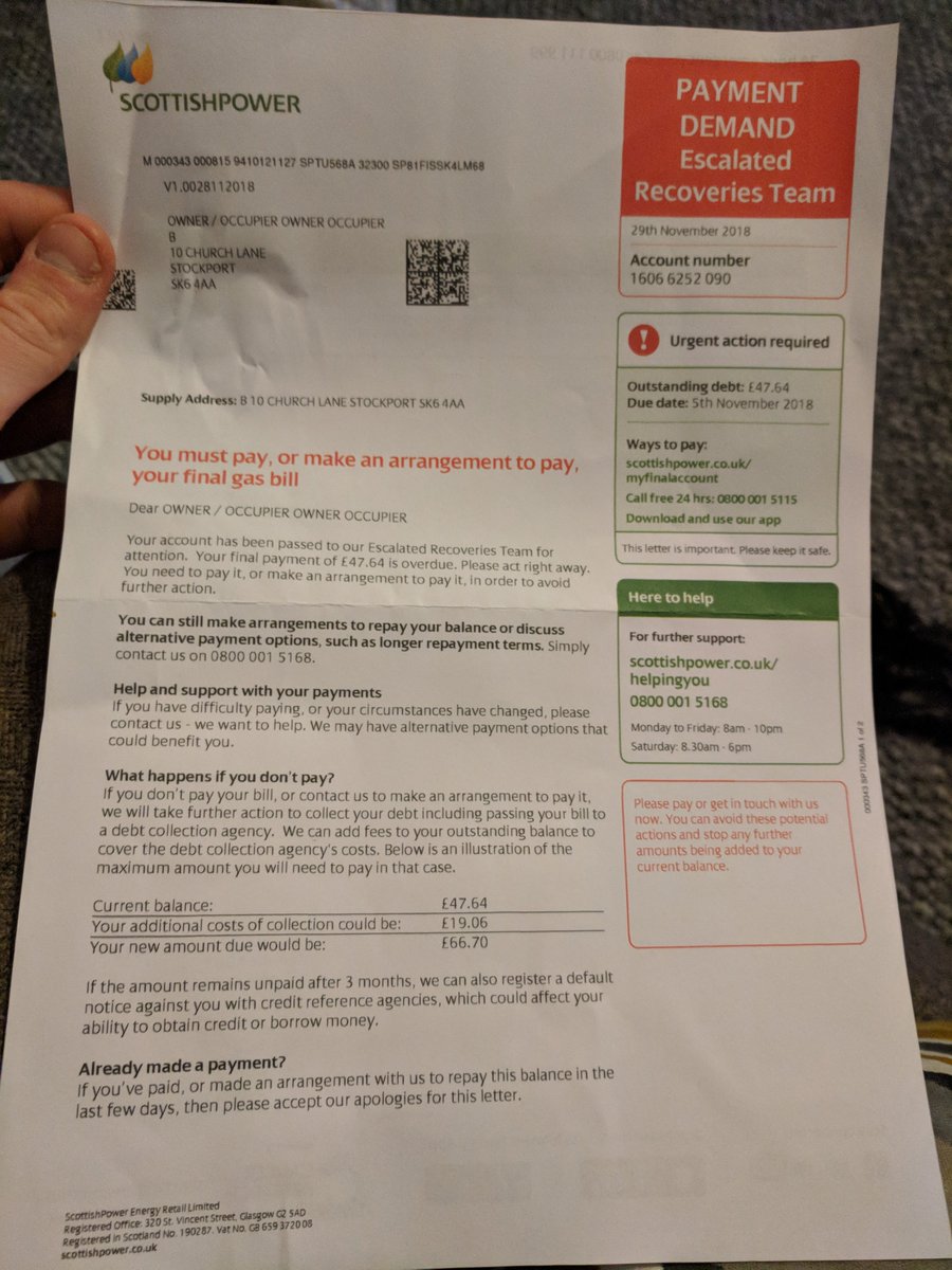 danby1994's tweet photo. @ScottishPower @SP_EnergyPeople @ofgem @MartinSLewis 

Look at the dates. 
Paid 23rd October.
Emailed with statement on 24th October after numerous calls.

Recieve letter demanding payment on 29th november.

Do not ever get involved with this company https://t.co/P3WnE326pA