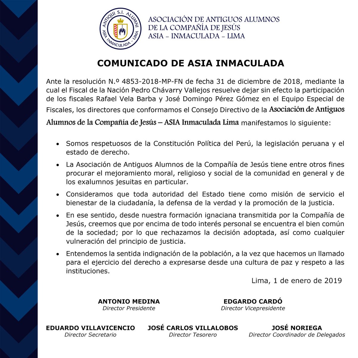 ASIAInmaculada's tweet photo. Comunicado de los directores del Consejo Directivo de la Asociación de Antiguos Alumnos de la Compañía de Jesús - @ASIAInmaculada Lima, ante el retiro de los abogados Rafael Vela y José Domingo Pérez del Equipo Especial de Fiscales del Ministerio Público. https://t.co/Ui8CaCtzbH