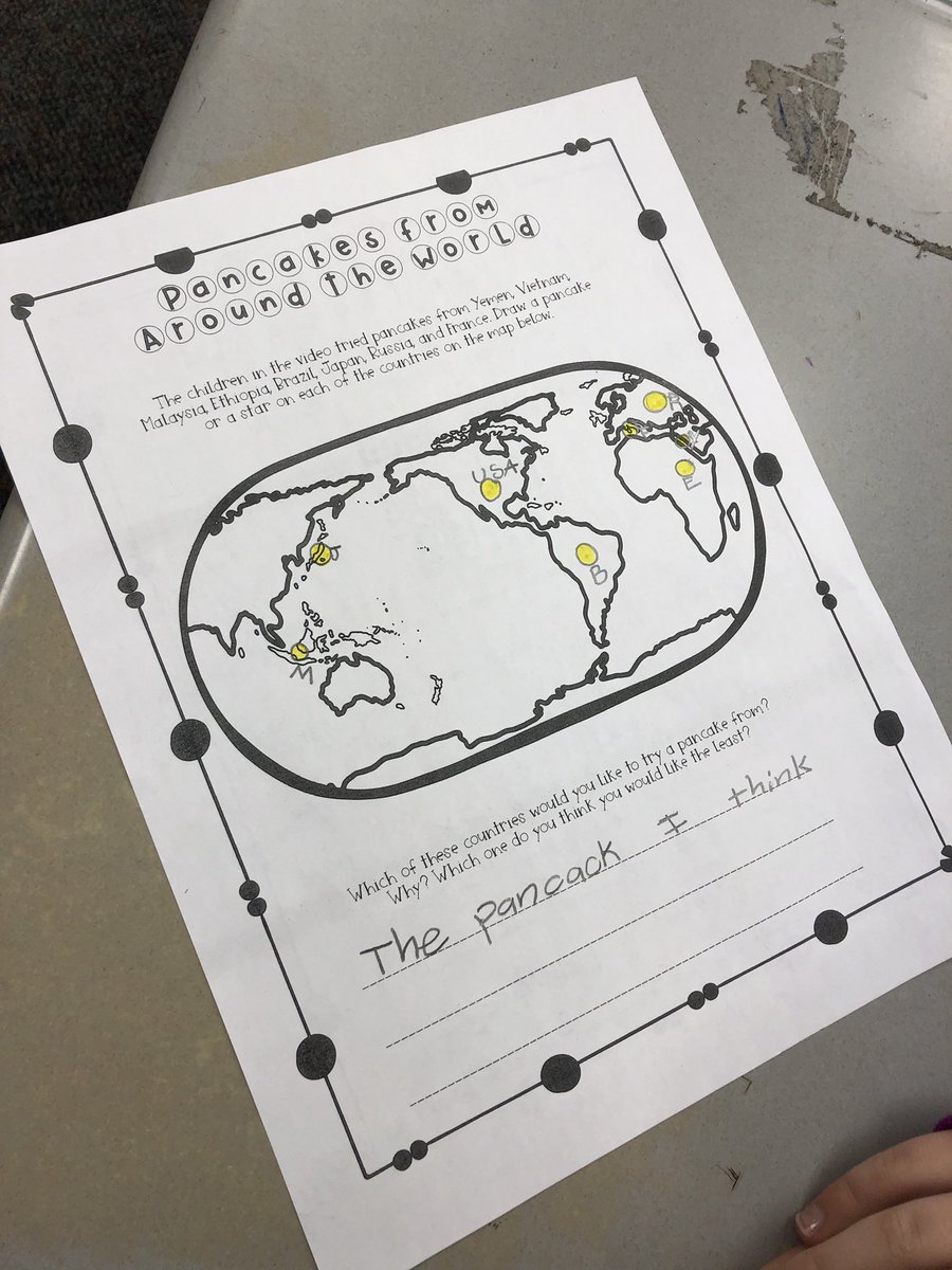 mrskscampers's tweet photo. Used the @GlobalLitProj lesson to review comparing and contrasting! We read “Mama Panya’s Pancakes” and then learned about 🥞 from around the 🌎.We compared them to the pancakes that Mama Panya made and mapped them! @PleasantUnionYR @participate @wcpsselemela #globallitproject https://t.co/aO2tafgHWJ