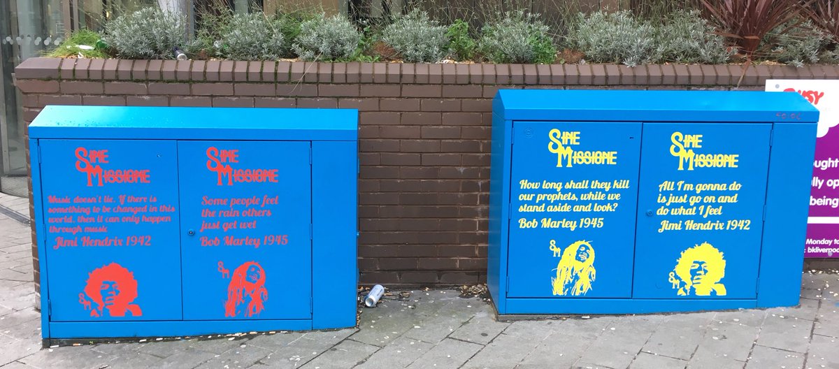 Scope78's tweet photo. Always great to come across #sinemissione artworks in Liverpool. Two giants side by side. @JimiHendrix @bobmarley https://t.co/PWkP97t35y