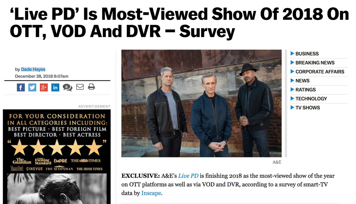 .<a href="/OfficialLivePD/">Live PD on A&E</a> is finishing 2018 as the most-viewed show of the year on OTT platforms as well as via VOD &amp; DVR, according to a survey of smart-TV data by <a href="/inscapetv/">Inscape</a>. EXCLUSIVE via <a href="/dadehayes/">Dade Hayes</a> of <a href="/DEADLINE/">Deadline</a> bit.ly/2s7azGa
#AENBuzz #AENetworks #YearinReview #LivePD #TV