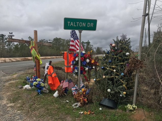 NewsShelly's tweet photo. Bo Ussery, George Cesil, and Ryan Barrett were killed in a hit-and-run crash in October. A memorial has been set up in honor of the three linemen at the corner of Talton Drive and Highway 77. https://t.co/n9BHWJoJJ7