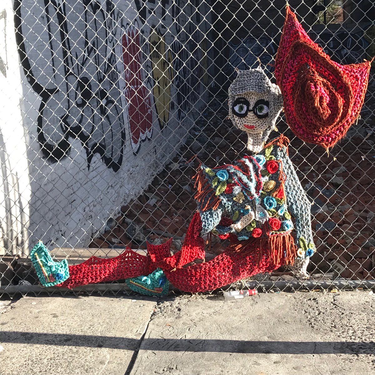 dresacker's tweet image. Another incredible art piece by crochet street artist London Kaye 8th Ave betw. 14th &amp;amp; 15th St.  #streetart #streetartnyc #LondonKaye