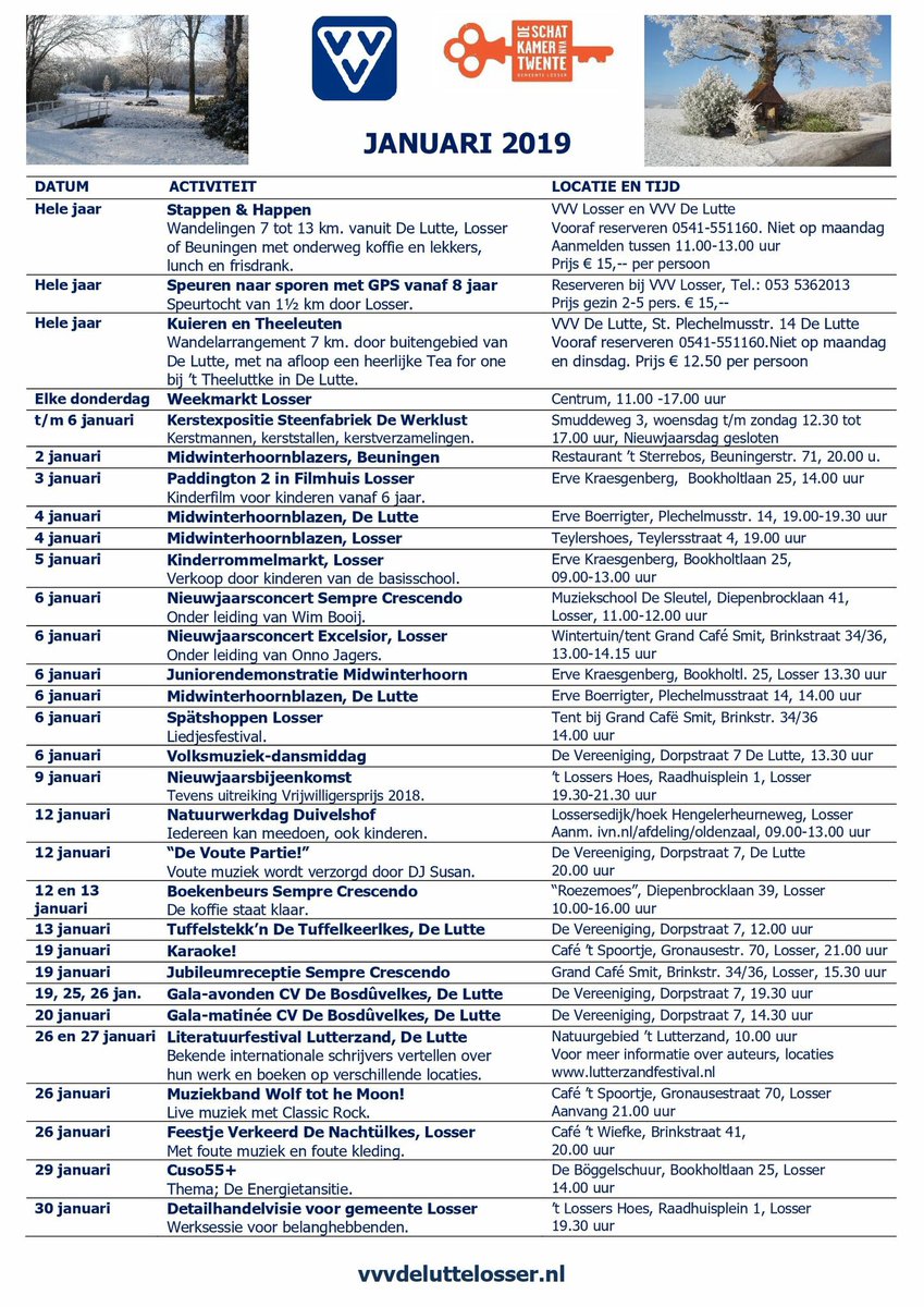 De beste wensen &amp; we zien je in 2019 ook graag weer in de gemeente #Losser. Er is in het nieuwe jaar weer van alles te beleven. Morgen een kinderfilm🎬, deze maand ook boekenbeurs, nieuwjaarsconcerten🎼, liedjesfestival🎤, volksmuziekmiddag, gala-avonden, literatuurfestival 📚.