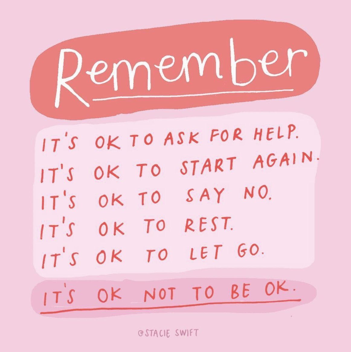actionhappiness's tweet photo. Remember: it’s ok to ask for help, start again, say no, rest &amp; let go https://t.co/mPHsJxgfog