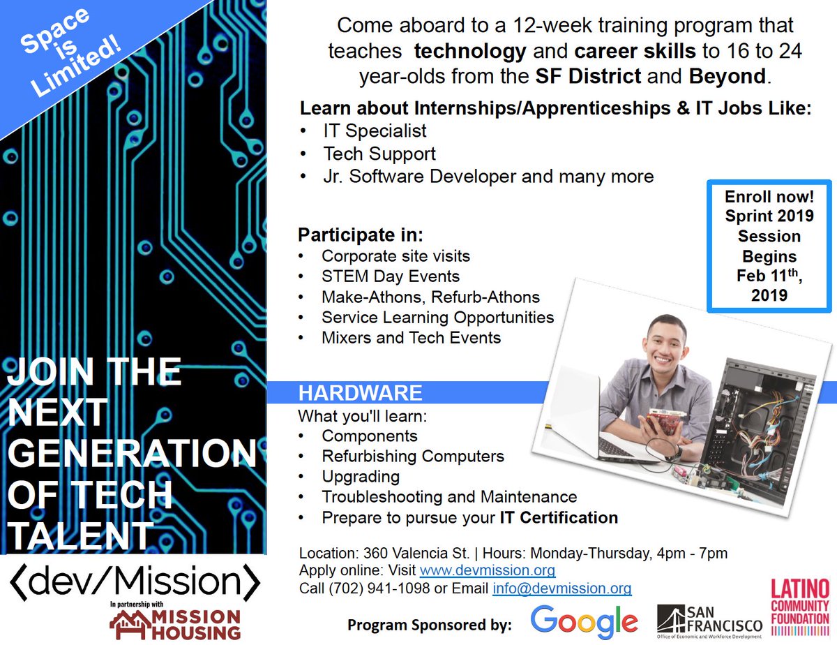 leonardoysosa's tweet image. Kick off the new year by signing up to our Spring 2018 Pre-Apprenticeship IT Occupational Skills Training Starting Feb 11th, 2019 in partnership with Mission @MissionHousing  and funded by @sfoewd TechSF. 
Requirements:
16-24
Low Income
Bay Area/SF Resident
#freetechtraining