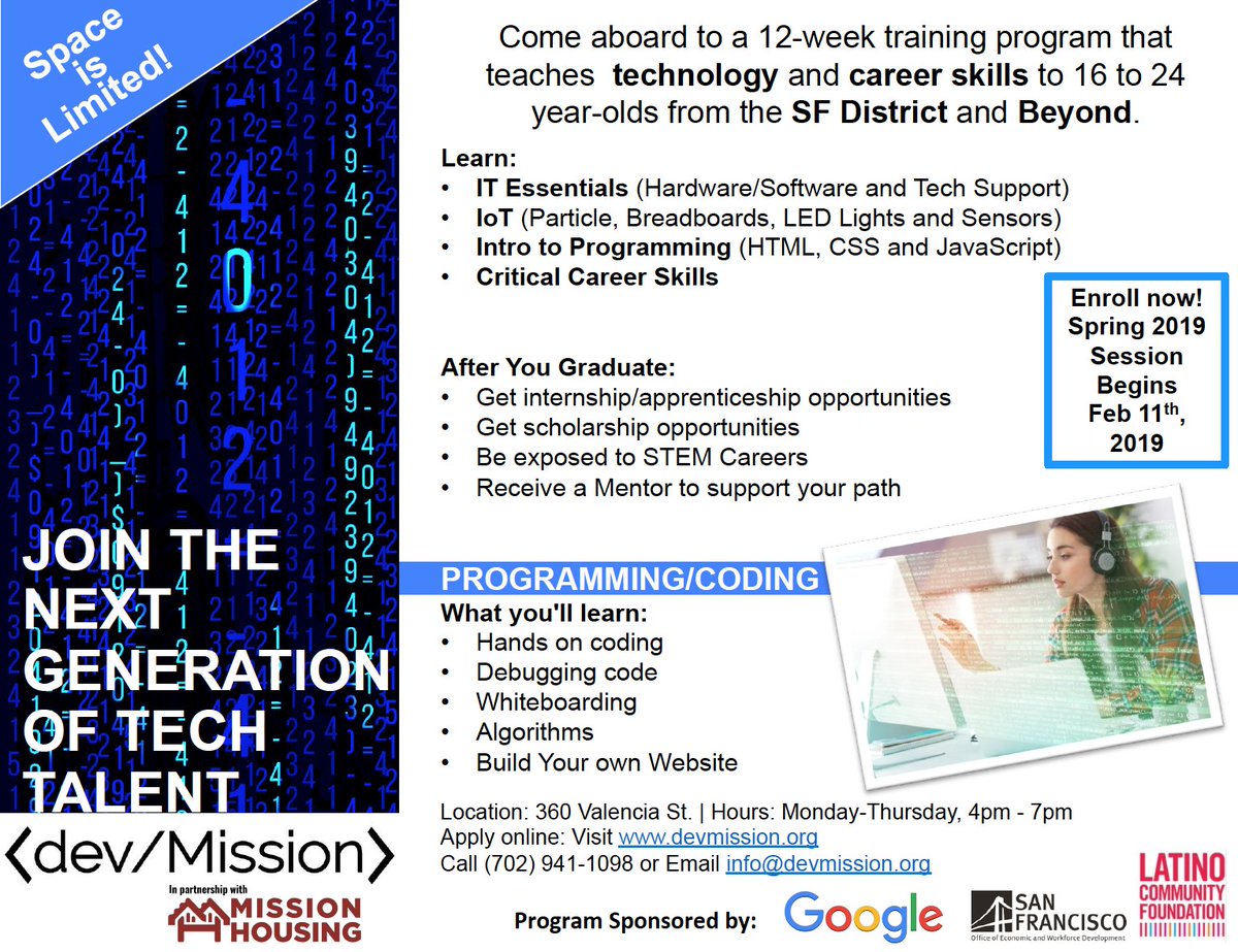 leonardoysosa's tweet image. Kick off the new year by signing up to our Spring 2018 Pre-Apprenticeship IT Occupational Skills Training Starting Feb 11th, 2019 in partnership with Mission @MissionHousing  and funded by @sfoewd TechSF. 
Requirements:
16-24
Low Income
Bay Area/SF Resident
#freetechtraining