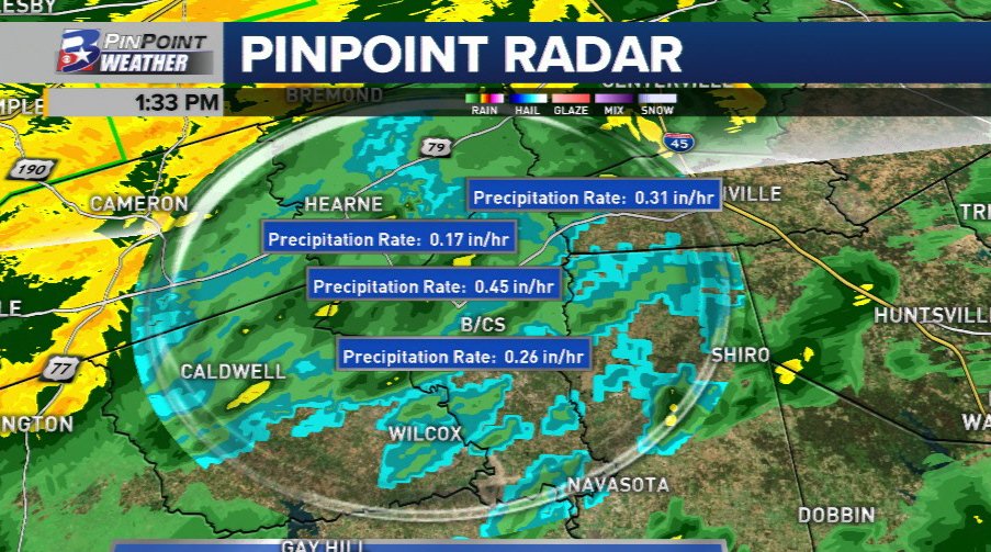 shelwinkleywx's tweet image. 1:33pm Radar: Heaviest rain moving through the Brazos Valley at this hour is bringing rainfall rates of 1/4" to 1/2" per hour. 

Enough to create small streams coming off curbs &amp;amp; along the side of roads as water rushes to the storm drain.