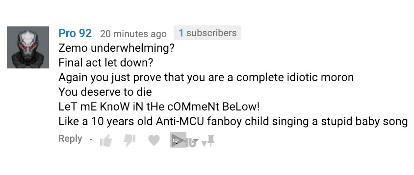 FilmGob's tweet photo. This kid has contributed nothing but abuse since finding my channel ๐
#Marvelites https://t.co/scqH1ZKpca