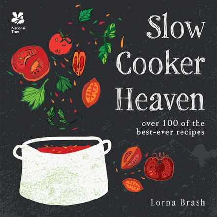 The front cover of a recipe book with the title Slow Cooker Heaven: over 100 of the best-ever recipes. The cover is black with an illustration of a white cooking pot with red contents. Also illustrated are cut tomatoes and green basil.