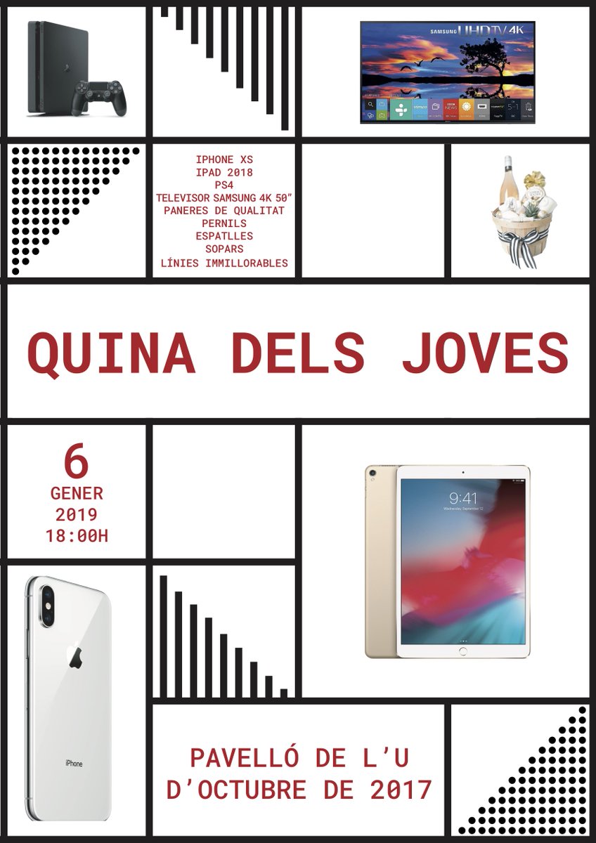 Ens veiem el dia 6 de gener a les 18h al Pavelló de l'u d'octubre de 2017! Us hi esperen paneres, espatlles, pernils, sopars, play 4, TV Samsung 4K 50", iPad, iPhone XS!! Quedes avisat! #laquinaiscoming