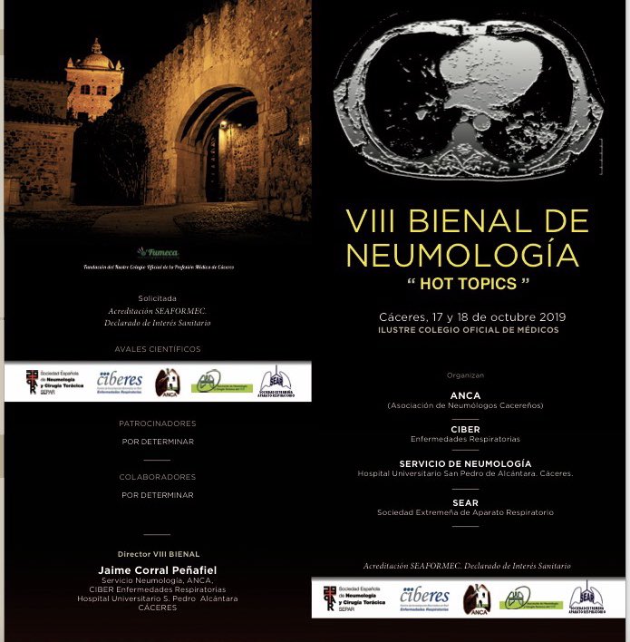 VIII BIENAL de NEUMOLOGIA en Cáceres... resérvate las fechas 17-18 octubre 2919. No te lo puedes perder
