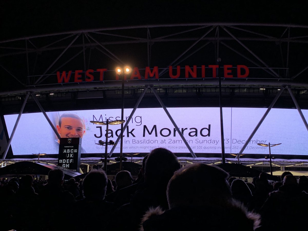 westhamfootball's tweet photo. Missing Jack Morrad displayed on giant London Stadium screen at West Ham v Brighton game tonight #findJackMorrad https://t.co/RHwwlCYvX2