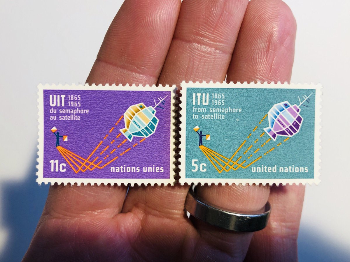 Last ones for today: these celebrating the UN’s role in using space for global communications (cool). First, hoo boy are they pretty. The colors! But second, this stamp series says “from semaphore to satellite.” Why is that cool?