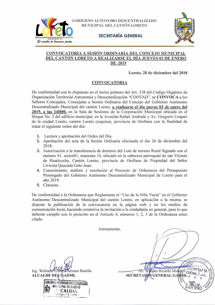 #CONVOCATORIA
 Se realiza la convocatoria a la primera Sesión Ordinaria del Concejo  Municipal del Cantón #Loreto a realizarse el día jueves 03 de enero del  2018.
 Más detalles.