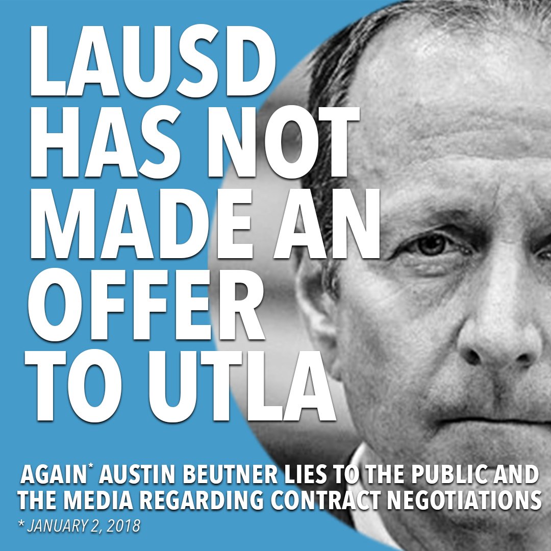 UTLAnow's tweet photo. Today, Supt. Austin Beutner took to the media as well as KPCC’s Airtalk to once again to misinform the public. To be clear, UTLA never received an official bargaining offer from LAUSD, nor does UTLA refuse to bargain. More info coming soon. #UTLAStrong #StrikeReady https://t.co/OzUYxhQHzy