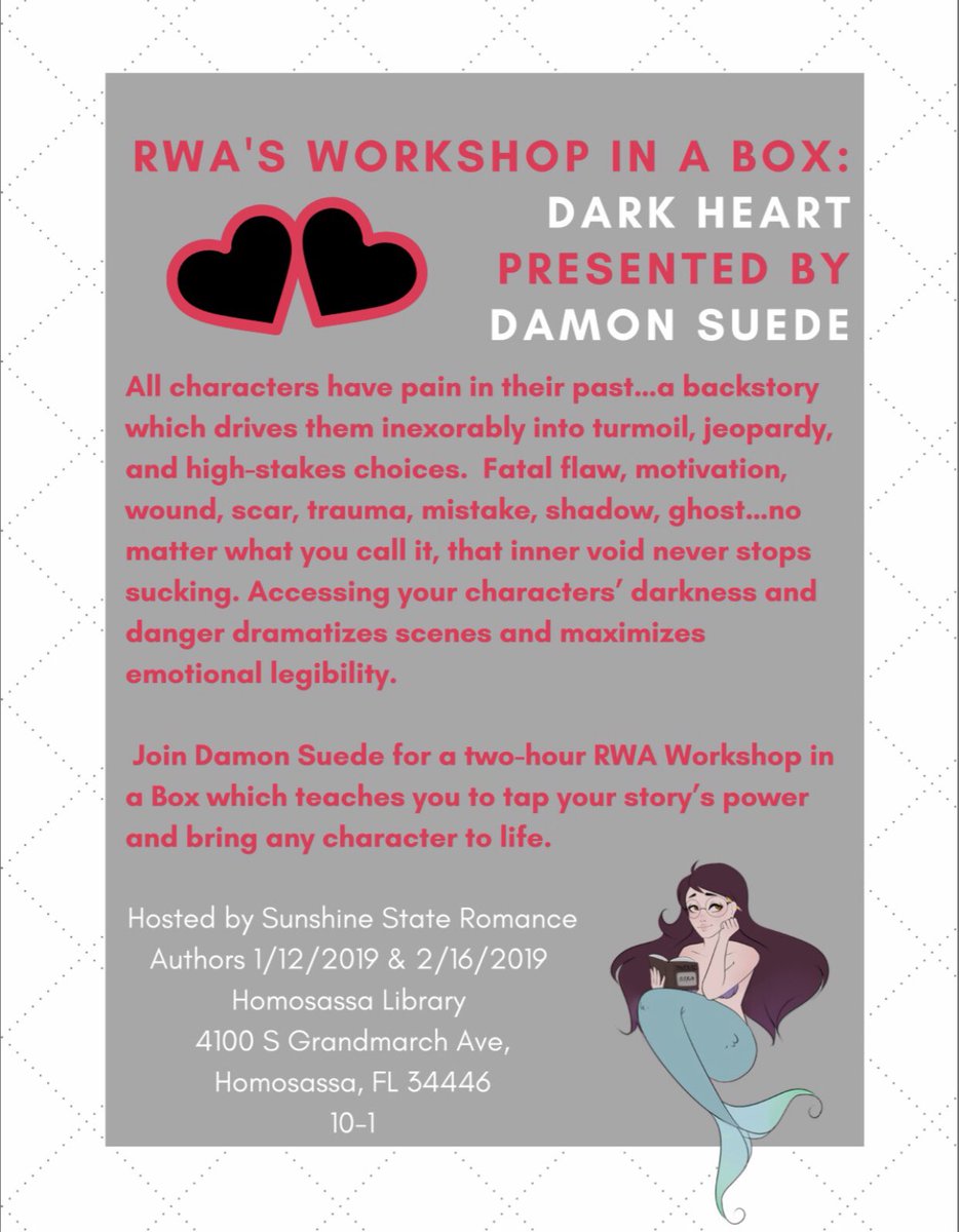 lifewith_ronnie's tweet image. Save the date! Workshop in a box from RWA w/ @DamonSuede All writers welcome to join SSRA on Jan. 12th! @ReadLocalFLA @SunshineStateRA #floridaauthors