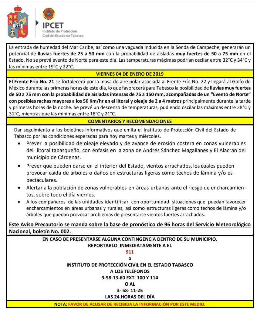 EL FRENTE FRÍO NO. 21 SE FORTALECERÁ POR UNA NUEVA MASA DE AIRE POLAR, LO QUE GENERARÁ LA PROBABILIDAD DE LLUVIAS FUERTES A MUY FUERTES ESTE JUEVES.
ADEMÁS, SE PREVÉ UN “EVENTO DE NORTE” PARA EL VIERNES.
MANTÉNGASE ATENTO Y TOME DEBIDAS PRECAUCIONES. #PrevenirEsVivir
