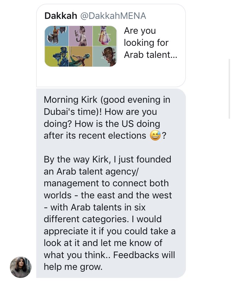 We didn’t. Work/life/family. But we chatted occasionally over the next couple years. Loujain was trying to launch a talent agency for actors, comedians, and musicians in the Middle East; I gave her feedback on her website.