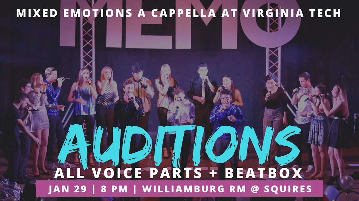 VTMixedEmotions's tweet photo. BIG NEWS: we are on the search for new members! Anyone is welcome on January 29th... especially beatboxers 🎶😱🎤 If you’re a Virginia Tech student and interested in enhancing your college experience by joining an A Cappella group, come show us what you have to offer! 💜 https://t.co/ZvMWh4JeGq