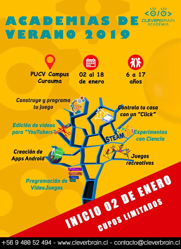 CleverBrain_Cl's tweet image. #curauma #Placilla #Valparaiso aún estás a tiempo de participar en nuestros talleres de verano en el campus Curauma #PUCV DE #academiaCleverBrain #Domótica #edicióndevideos #ProgramaciónVideojuegos #Experimentos #SteamLab #Recreación y más! Contacto@cleverbrain.cl +56940052494