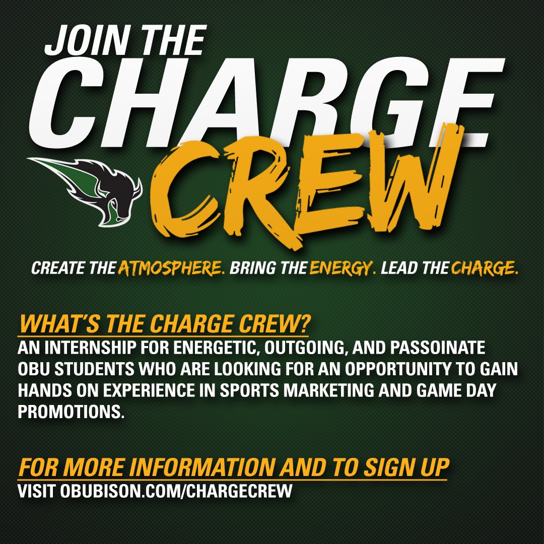 OBU students! Looking to get your start in college athletics? Then The Charge Crew is for you! Join our game day promotions team, TODAY! #OnToVictory🤘

🔗: bit.ly/2LL7zIi