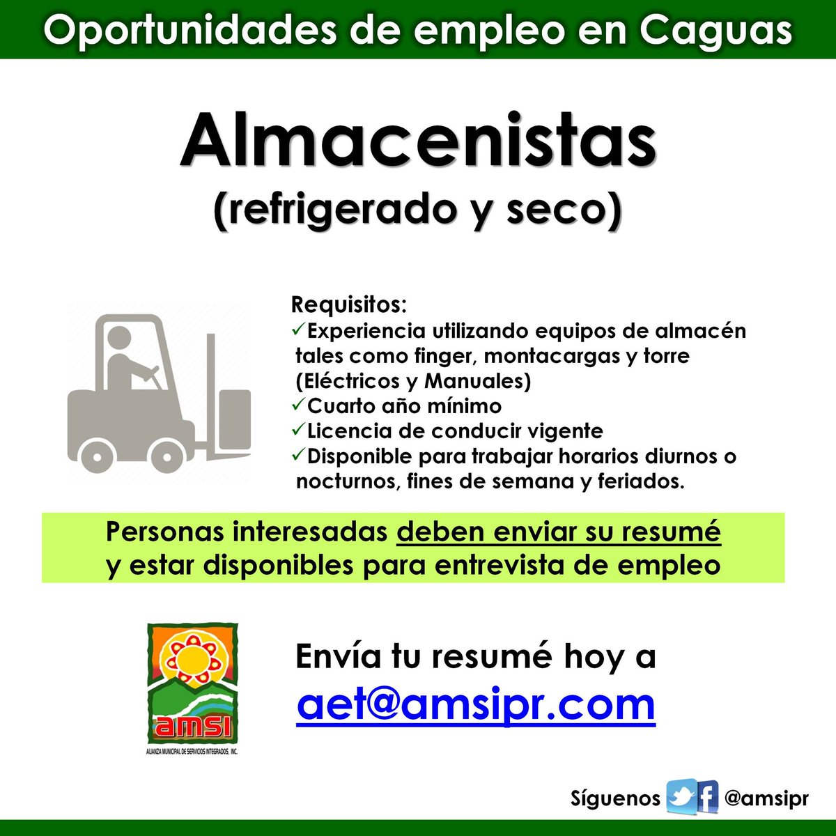 amsipr's tweet photo. 🚨🚨🚨Oportunidades de #empleo en #Caguas‼️ #Almacenistas para reclutamiento inmediato. Si cumples con los requisitos envía tu resumé a 👉🏼 aet@amsipr.com antes del viernes, 4 de enero y escribe el puesto que solicitas. https://t.co/x3YMfd7kg2