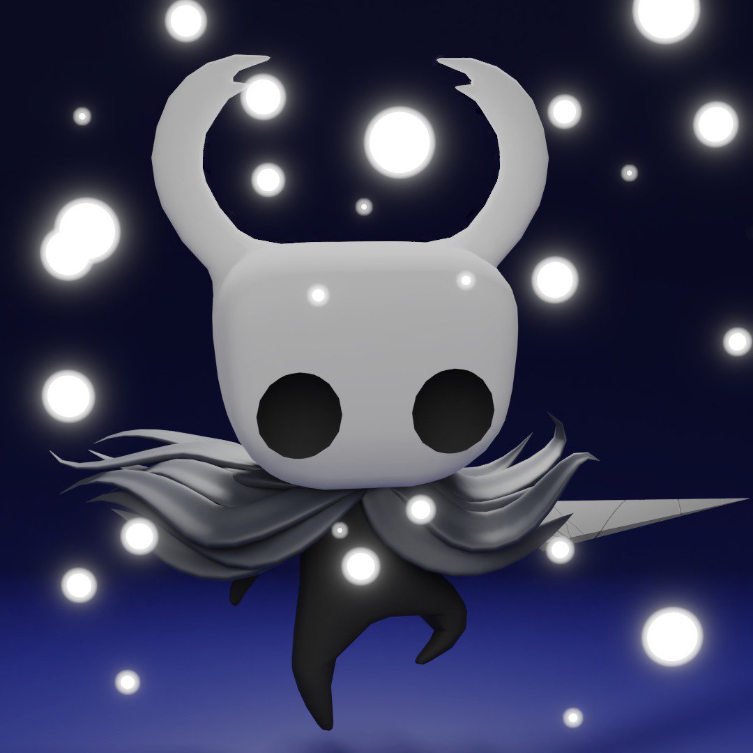 Daerik_GameDev's tweet photo. Well, I did promise. So here it is, #HollowKnight modeled and rigged in 3D. Thanks to @GeekDoesStuff for reminding me. Made in #Blender 2.8 on stream. If you haven't played @TeamCherryGames wonderful game, I recommend you give it a look, it is well deserved of the rewards it got. https://t.co/Lj46eAK3JB