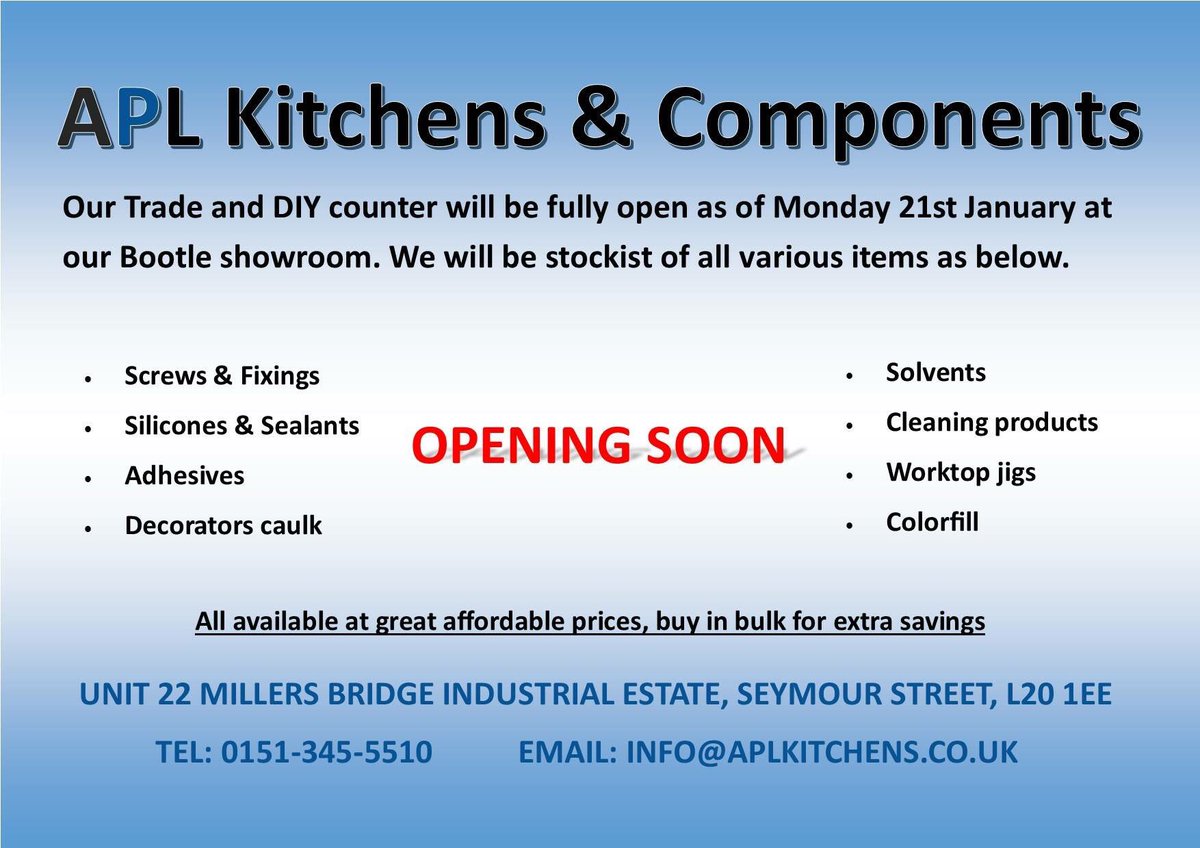 APLKitchens's tweet photo. Opening soon inside our #Kitchen #showroom in #bootle #liverpool our #trade &amp; #DIY counter. #screws #fixings #adhesives #silicones #cleaningproducts and much more https://t.co/cGbPa0jtNj