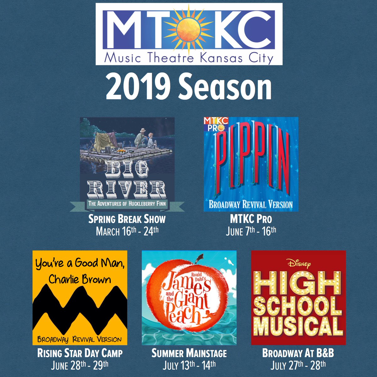 MTKC is excited to be presenting a broad variety of amazing musicals this season - we hope you'll join us!
Specific details about each production are available on our website at mtkc.org/season
NOTE: "Big River" audition sign-ups are now open - mtkc.org/auditions