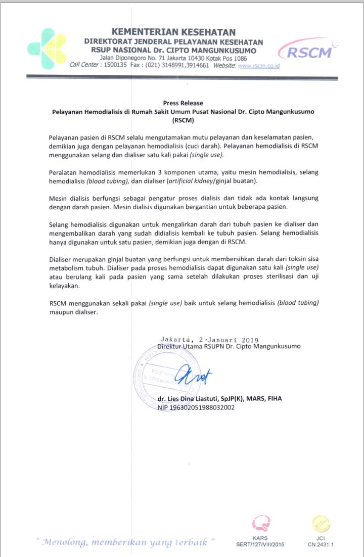 HOAKS: Di <a href="/rscm_official/">RSCM</a>, selang cuci darah dipakai untuk 40 orang.

FAKTA: RSCM menggunakan selang cuci darah sekali pakai. Artinya, 1 pasien 1 selang. FYI, <a href="/rscm_official/">RSCM</a> itu RS Rujukan Nasional, lulus akreditasi  paripurna KARS  dan JCI.

#AHOAKS
#AntiHoaksKesehatan