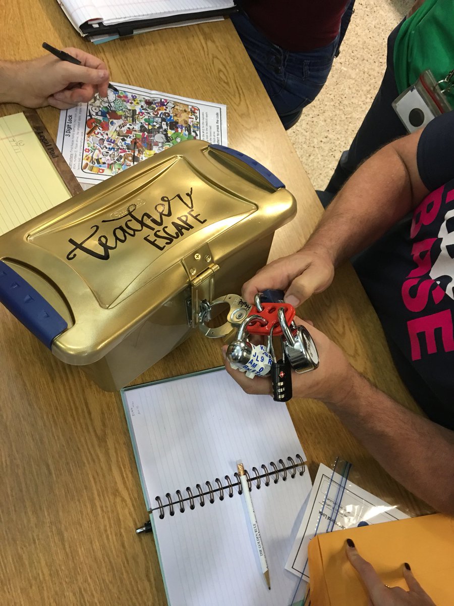 GoldenElem's tweet image. So much fun on our first day back!  Staff enjoyed biscuits, beliefs and a little bit of their own “student engagement” during The Teacher Escape box!  #laughterisgood #needitonfirstdaybackearly #makeemthink #teamwork 👏🏽 #technologyvshandson