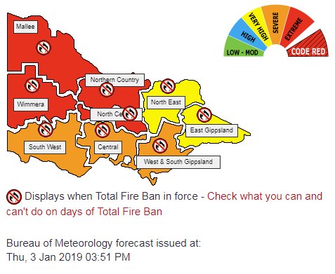 #TotalFireBan tomorrow, Friday 4th January 2019, for the entire state of Victoria. See: cfa.vic.gov.au/warnings-restr…
#VicFires