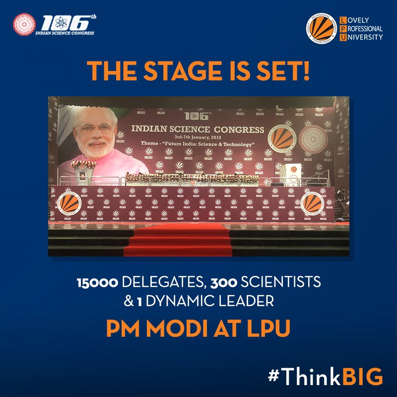 lpuuniversity's tweet image. Catch PM @narendramodi Live! Inaugurating the 106th edition of Indian Science Congress at LPU. Join the Facebook Live: bit.ly/2s5WfgP and Youtube Live: bit.ly/2s7twIQ

#PMModiatLPU #ISCAtLPU #ThinkBIG @PIB_India