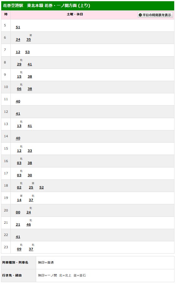 はるきさん 乗り物専門 空港駅時刻表比べ見 その８ Jr花巻 空港駅 1枚目 盛岡方面平日 2枚目 盛岡方面土休日 3枚目 花巻方面平日 4枚目 花巻方面土休日 花巻空港の旅客ターミナルからはかなり離れていますが 空港行きのバスが発着して
