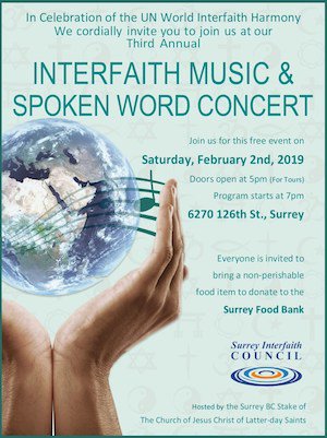VST_IRProgram's tweet image. Join us Feb 2, 7:00 pm for an Interfaith Music and Spoken Word Concert in Surrey, BC, sponsored by @SurreyIntrfaith, and celebrating UN World Interfaith Harmony Week
