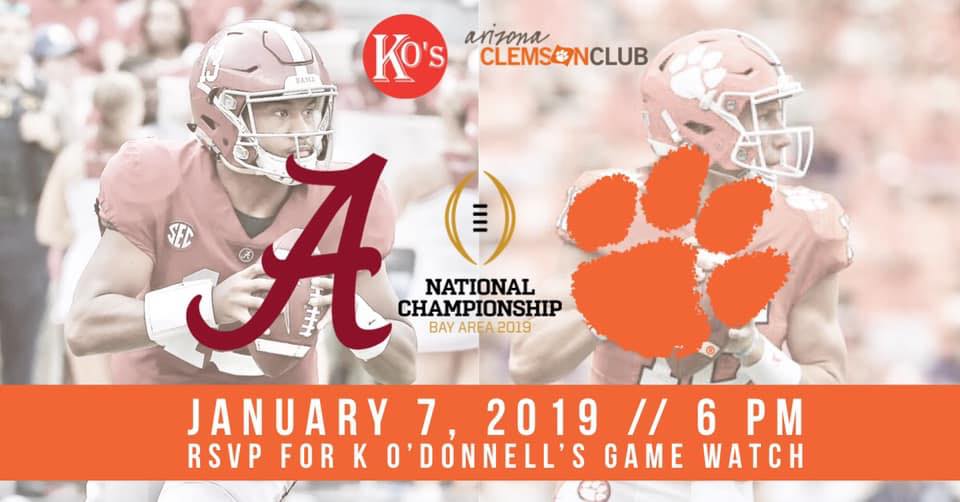 AZClemsonClub's tweet photo. IS YOUR ROWDY READY? Join us at @@KODonnells to watch our #ClemsonTigers take on Alabama Monday night in the National Championship! Kickoff is 6pm AZ. Tweet us an RSVP if you plan to attend so we can give KOD a headcount! C U there #ClemsonFamily! #clemsonclubevents https://t.co/lf9DAqe5OE