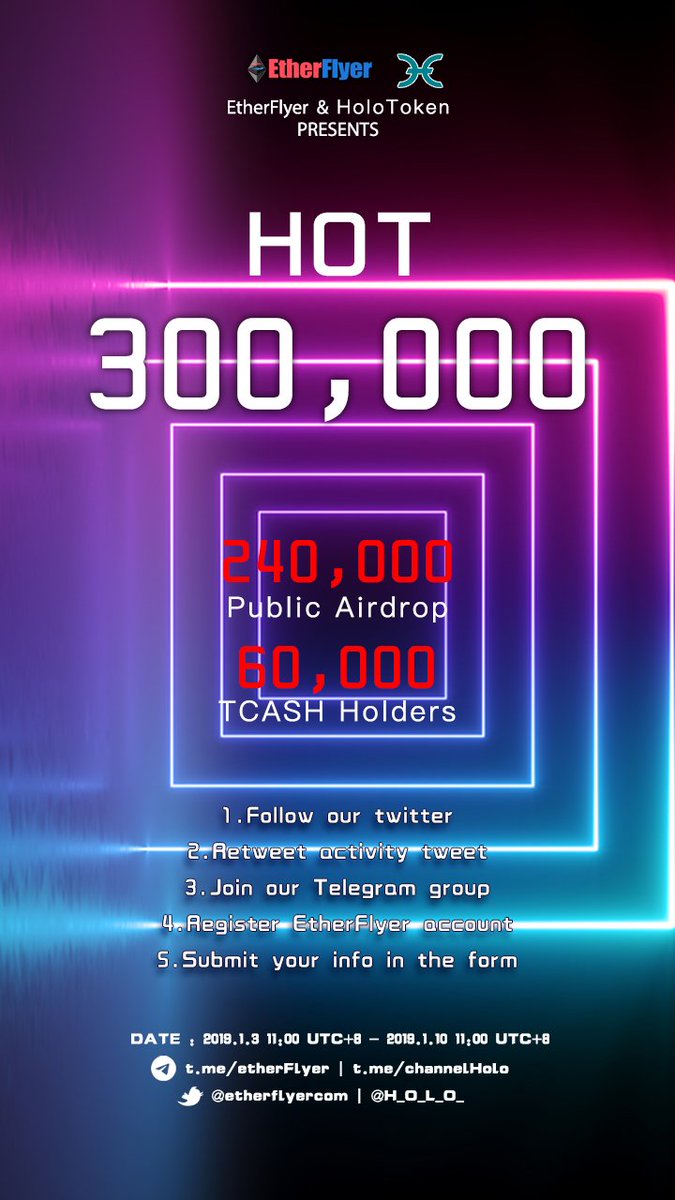 🔥Vote on Listing - TOP 1 - 30,000 HOT Giveaway for Public Airdrop and TCASH Holders! <a href="/H_O_L_O_/">Holo</a> <a href="/SuRaTech1/">SuRa Tech</a> Attend directly: gleam.io/competitions/G… Follow: etherflyer.com/airdrop.html