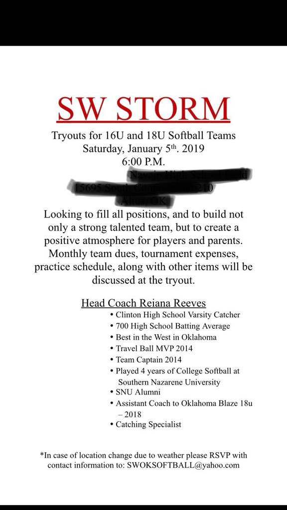 ElketteSB's tweet photo. Corrected phone#:
Are you interested in playing travel ball? There is a tryout this weekend! Due to incoming weather, the location is changed to HIT Elite in Lawton. INDOOR FACILITY, NO CLEATS. 

207 SE B Avenue
Lawton, OK

For more information, contact Reiana Reeves 405-482-5665 https://t.co/py9AKBtmP1