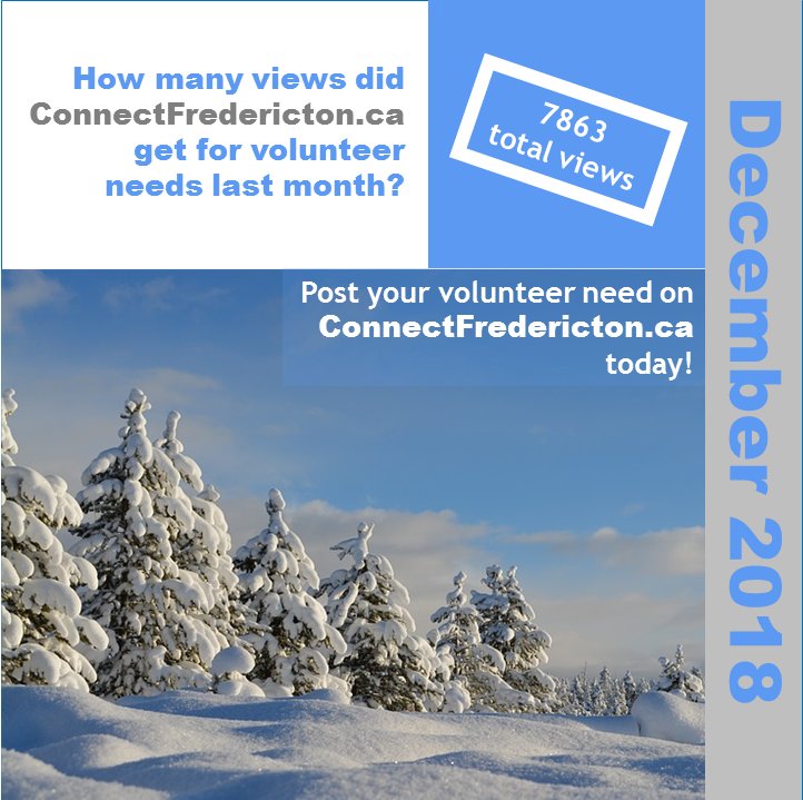 We're excited to announce that ConnectFredericton.ca received 7863 total views for its volunteer needs in December!
Visit connectfredericton.ca to post your volunteer needs and seek out volunteer opportunities today! #volunteergreaterfredericton #connectfredericton