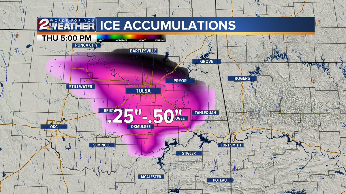 MikeCollierWX's tweet photo. Our high resolution ice accumulation model shows the potential for .25" of ice with some higher amounts possible through Thursday. If temp climbs to 33 degrees.. no go. https://t.co/8TeUiuKWBQ