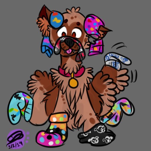 a brown, fluffy german shepard with dark brown markings is sitting on the ground with his back paws up. strewn around his ears and nose, and pulled over all four of his paws and the tip of his tail are different socks, all with differnet colors and patterns on them.