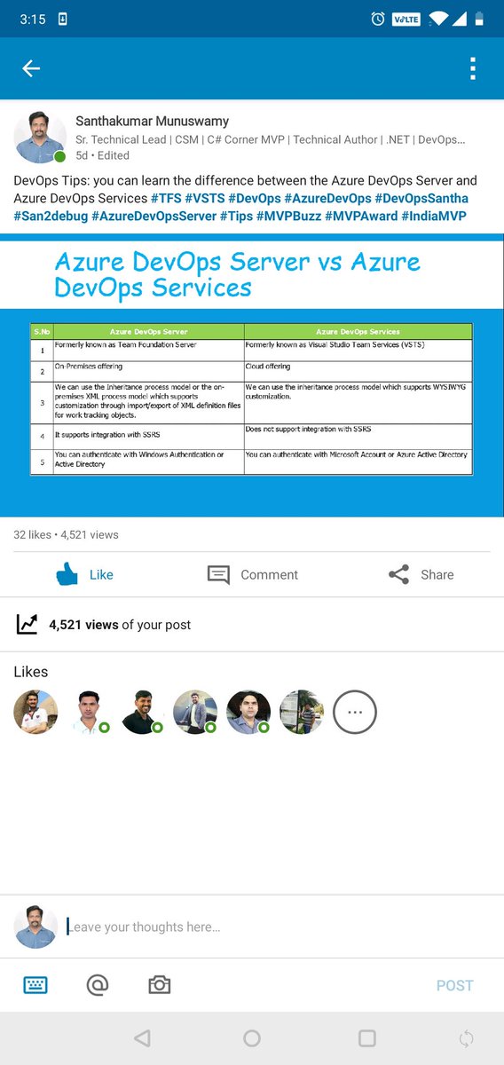 msanthakumara's tweet image. I am feeling happy 👏👏👏 I have posted small information about @AzureDevOps and it was reached huge audiences within few days. Thank you for all the readers, followers and friend's. Happy to share #DevOps and MS ❤️ #azuredevopsserver #mvpbuzz @IndiaMVP @san2debug #devopssantha