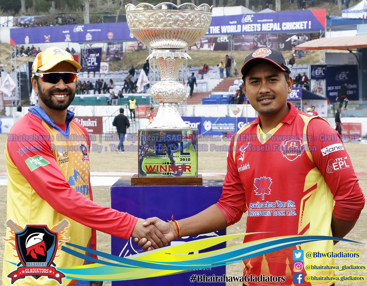 BhwGladiators's tweet photo. Bhairahawa Gladiators won the toss and elected to field first. The team is unchanged for the final.
#LPvsBG #TVSEPL2018 #BhairahawaGladiators #SagarmathaCement #CivilBank #ToklaTea #Yasuda https://t.co/xNuqRFD1jF