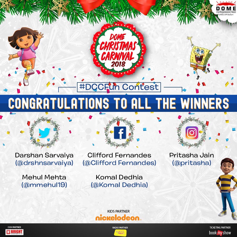 DomeIndia's tweet photo. Congratulations to all the Winners of the #DCCFun Contests!
Please collect your passes from the box office after 12 pm on the event day itself at Dome@NSCI.
Book your tickets- https://t.co/IqzMjXoRb9
For Stall Bookings - +91-76780-66000
#DomeChristmasCarnival #DCC2018 #DomeAtNSCI https://t.co/CmyKZ5dP4A
