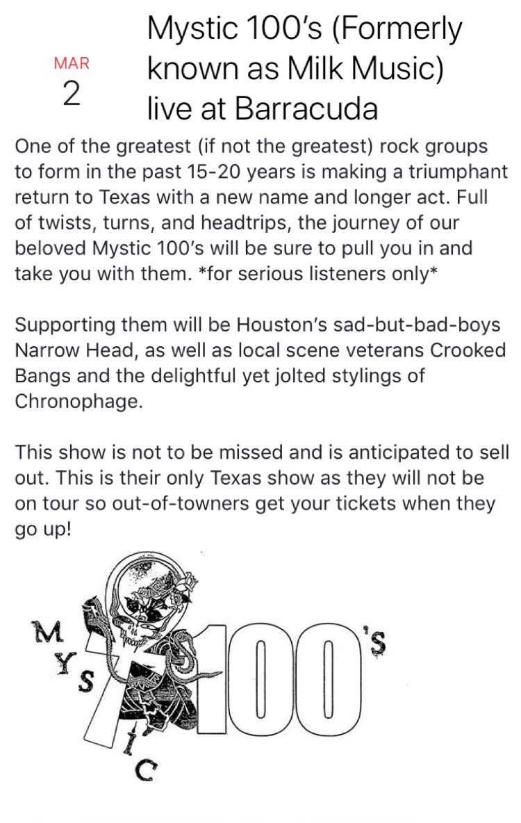 ThisIsAustinNTG's tweet photo. Early announcement for Mystic 100’s (formerly known as Milk Music, from Olympia WA) in Austin at @barracudaaustin 
Tickets available soon. This is their only Texas show and will sell out so keep posted! https://t.co/LKNJS98NwI