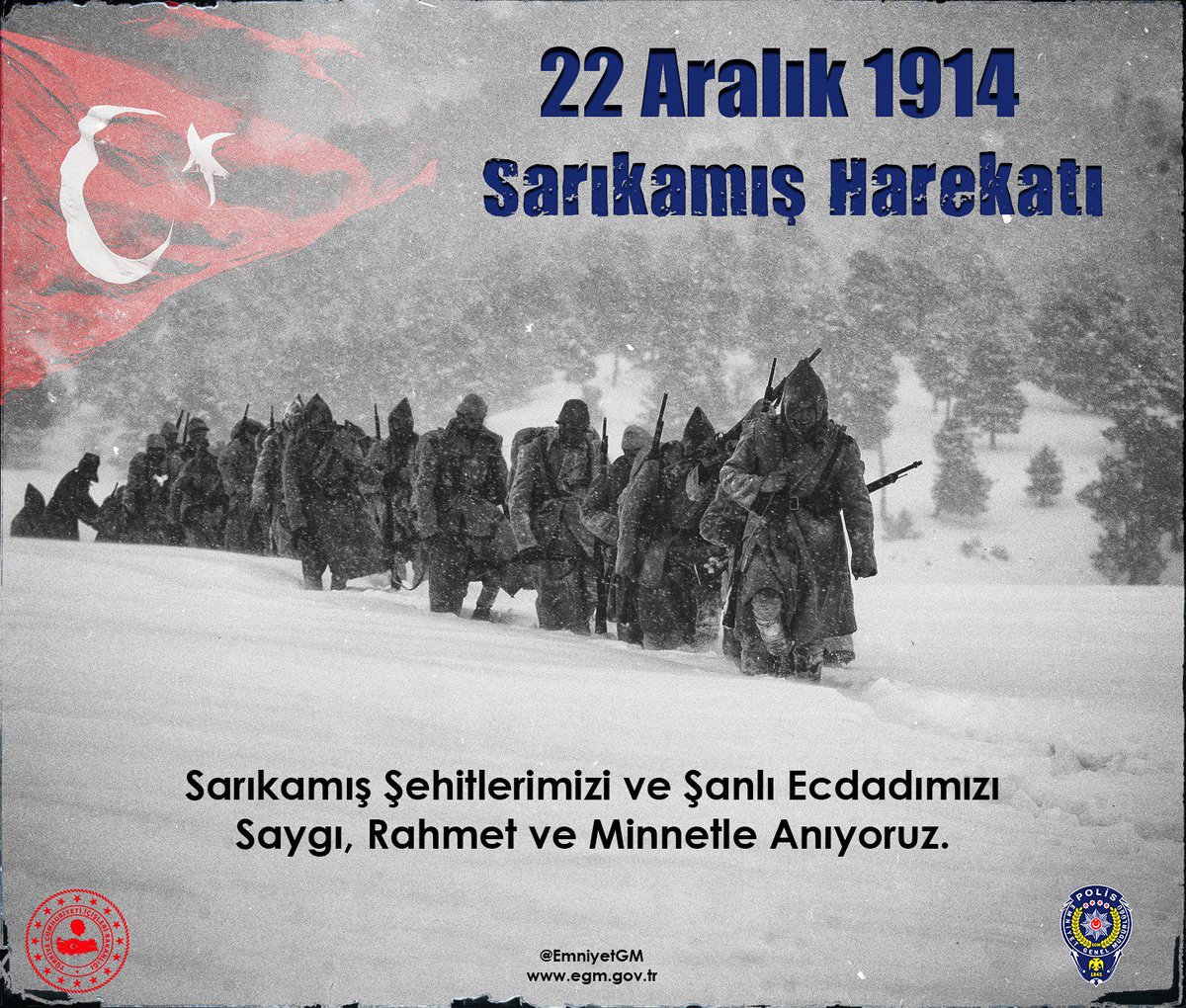 #Sarıkamış Harekatı'nın 104. yıl dönümünde şehitlerimizi saygı, rahmet ve minnetle anıyoruz.
Ruhlarınız şâd, mekanlarınız cennet olsun.